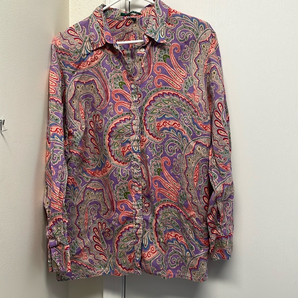 Lauren Ralph Lauren Women’s 1X Linen Paisley Purple Red Green Button Down Shirt